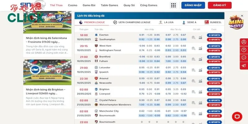 Nhiều tỷ lệ bóng hấp dẫn tại Sin88