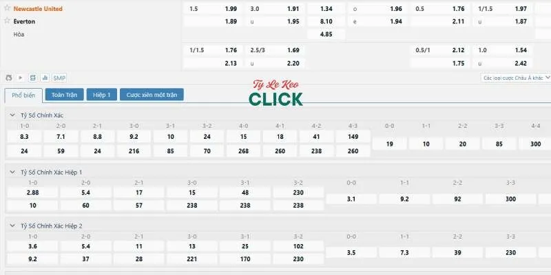 Tỉ lệ kèo trận Newcastle vs Everton
